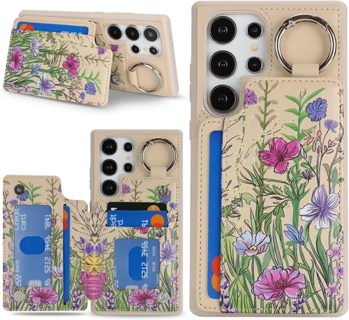 Havaya Funda para Samsung Galaxy S22 Ultra con tarjetero con llavero y soporte de anillo con diseño floral para teléfono, ranuras para tarjetas de