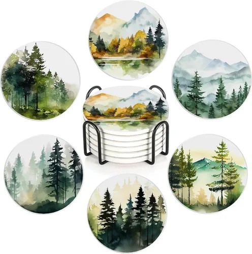 Juego de 6 posavasos de mesa para bebidas, posavasos redondos de cerámica de acuarela bosque nebuloso, con base de corcho y soporte de metal, Bosque