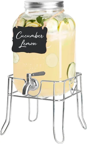 Ilyapa Dispensador de bebidas de vidrio para exteriores con base de metal resistente, espita de acero inoxidable y pizarra colgante - Dispensador de