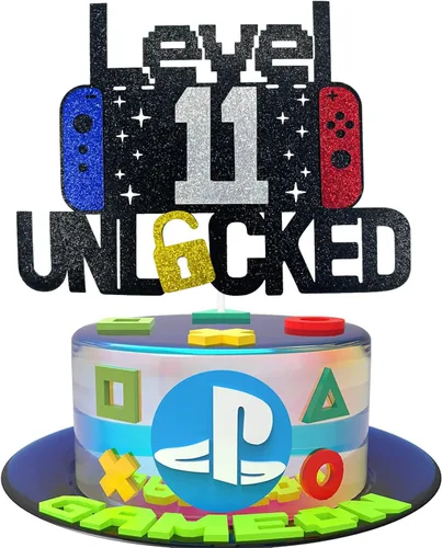 Decoración de pastel de videojuegos de feliz cumpleaños número 11 desbloqueado para niños y niñas de 11 años de edad, decoración de fiesta de