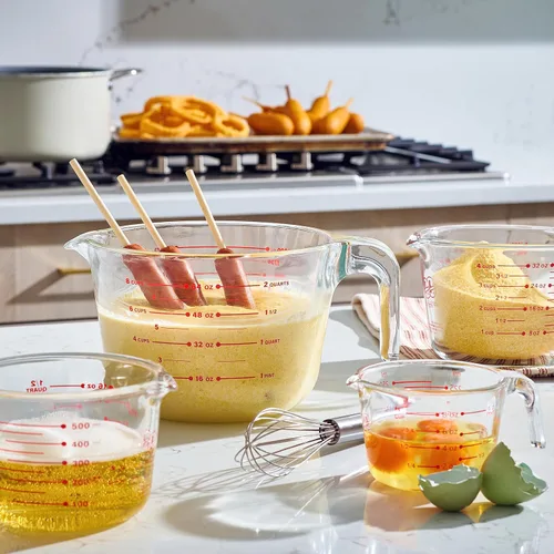Miniatura 5 de Le’raze Juego de tazas medidoras de vidrio de 4 – Medidas de fácil lectura resistentes al calor, mango ergonómico y pico para verter, apto