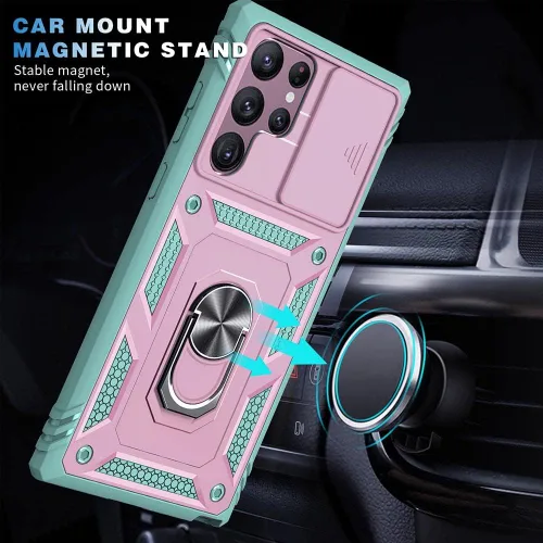Miniatura 6 de Funda para Samsung Galaxy S22 Ultra 5G con ranura para tarjetero de cámara deslizante, grado militar, resistente, a prueba de golpes, funda de tres