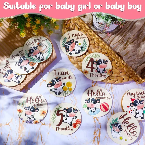 Miniatura 4 de Tiamon 16 tarjetas mensuales de madera para bebé, discos de marcador de hitos mensuales, círculos de madera de doble cara, letreros de meses