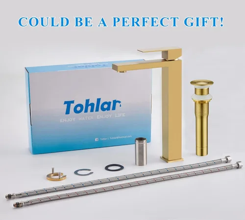 Miniatura 6 de Tohlar Grifo de lavabo dorado, grifos de baño altos para fregaderos de buque, dorado cepillado, moderno, mango único, 1 agujero, grifo de tocador