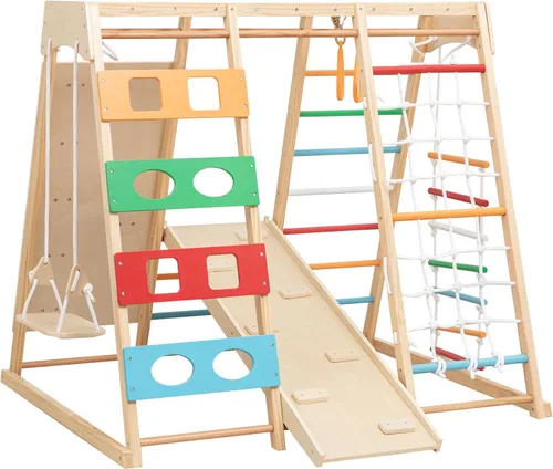 Juego de gimnasio y parque infantil 9 en 1, juguete de escalada de madera con tobogán, columpio, red de escalada, anillos – Juego para niños