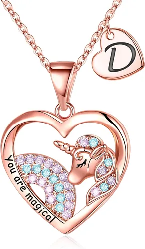 IEFRICH Regalos de unicornios para niñas, collares chapados en oro rosa, collares de unicornio con corazón para mujeres y niñas, collares con