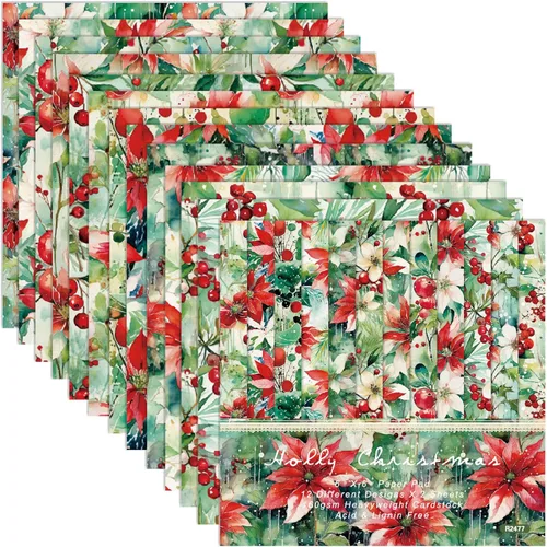 Miniatura 11 de Papel de recortes de Navidad de Poinsettia, 24 hojas de 6 pulgadas, de una sola cara, sin ácidos, papel de patrón floral de Navidad plegado plano