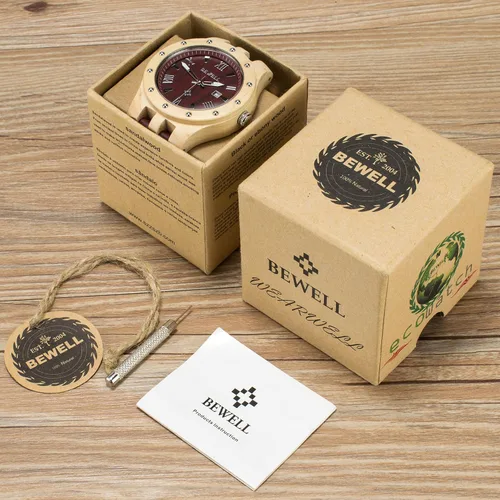 Miniatura 7 de Bewell Relojes de madera para hombre, reloj de pulsera luminoso de cuarzo analógico hecho a mano