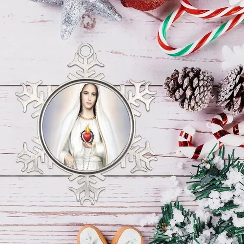 Miniatura 4 de Adornos metálicos de copo de nieve de Nuestra Señora de Fátima, adorno de Navidad, recuerdo, regalo, adornos colgantes para decoración de árbol
