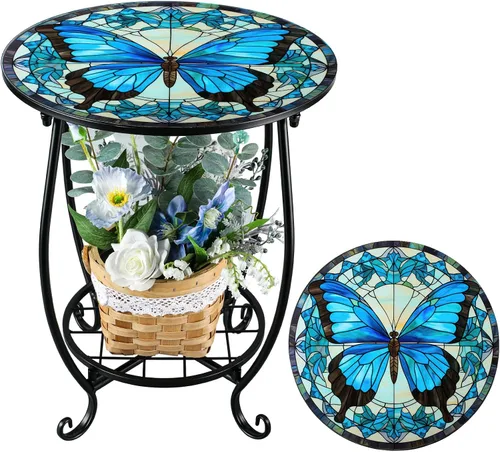 Miniatura 8 de Cinnvoice Mesa auxiliar redonda para exteriores, mosaico pequeño, decoración de patio, planta interior, mesa de té para patio, porche, jardín, sala