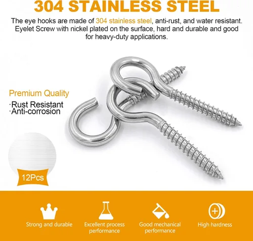 Miniatura 6 de Paquete de 6 ojos de tornillo de acero inoxidable 304 de 3.2 pulgadas, ganchos de rosca resistentes para soporte de hamaca, techo interior y exterior