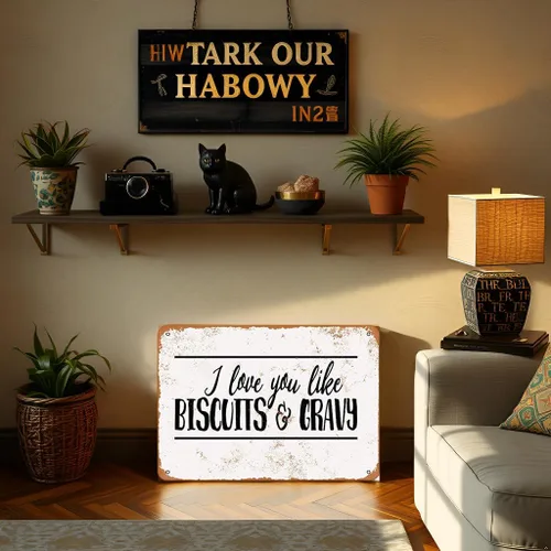 Letrero de metal vintage con texto en inglés "I Love You Like Biscuits and Gravy" – Divertida decoración de pared de cocina retro, letrero de