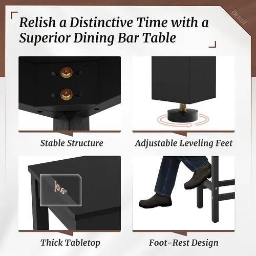 Miniatura 5 de Taburetes de bar de 26 pulgadas, juego de 2 sillas de bar, asiento de encimera de cocina con reposapiés, taburetes de madera de acacia para comedor