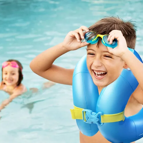 Miniatura 2 de Chaleco de natación para niños de 33 a 88 libras, flotadores inflables portátiles para piscina, anillo de natación con hebilla de seguridad Azul