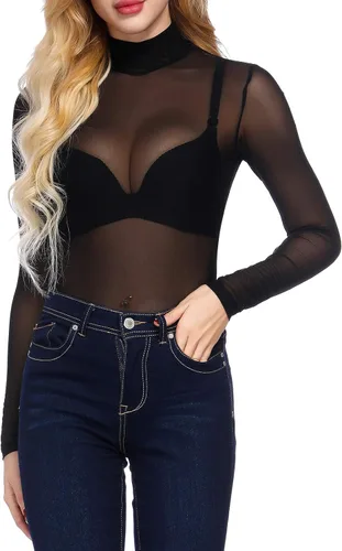 Miniatura 4 de Kate Kasin - Blusa de malla para mujer, de manga larga, con cuello alto, de cuello alto