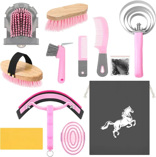 Miniatura 9 de Abbylike Kit de aseo de caballos de 12 piezas, suministros para sala de carreras, festivales, juegos de cepillos para caballos, kit de limpieza