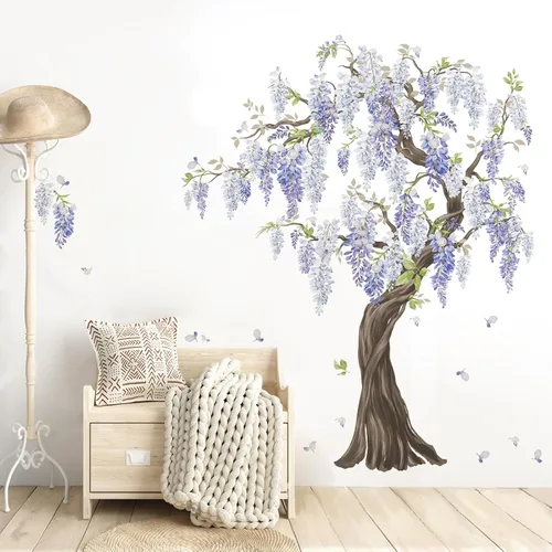 Miniatura 3 de wondever Pegatinas de pared de árbol de flores moradas, diseño de glicina para colgar en árbol grande, calcomanías de arte de pared para dormitorio