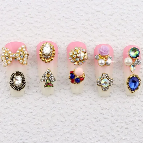 Miniatura 9 de 50 dijes de uñas dorados 3D para uñas acrílicas, estilos mixtos, diamantes de imitación para uñas, joyas de uñas de metal para arte de uñas