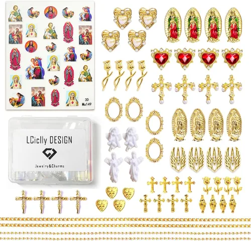Miniatura 6 de 65 piezas de dijes de uñas de la Virgen María, cruz dorada, 3D, corazón, ángel, flor de rosa, aleación, diamantes de imitación, para arte de uñas