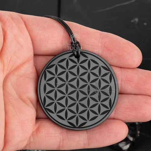 Miniatura 5 de Colgante Shungite grande - Flor de la Vida - 1.8 pulgadas - Auténtico collar de amuleto de piedra shungita - Hecho a mano - TOLVU, Piedra, Shungita