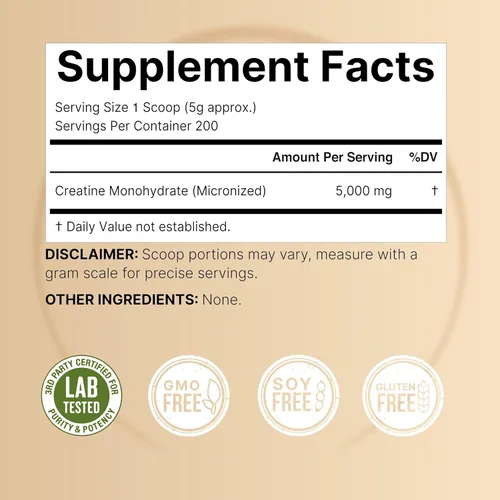 Miniatura 4 de NatureBell Polvo de Creatina Monohidrato 1,000g, 5,000mg por porción Micronizado, Puro y Sin Sabor Apoyo Muscular Pre-Entrenamiento Keto