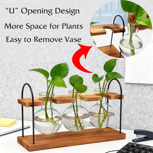 Miniatura 4 de Terrario para plantas con soporte de madera, el mejor regalo para los amantes de las plantas, estación de propagación con bombillas de vidrio retro