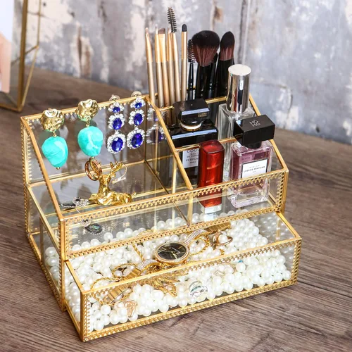 Miniatura 4 de Caja de cristal dorada, bandeja de vidrio, organizador de exhibición de maquillaje en la cómoda, almacenamiento cosmético multifuncional