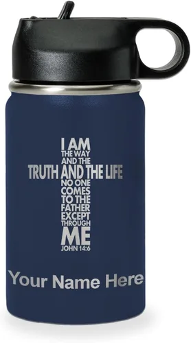 Miniatura 20 de LaserGram Botella de agua de doble pared abatible de 12 onzas con pajilla, versículo bíblico John 14-6, grabado personalizado incluido