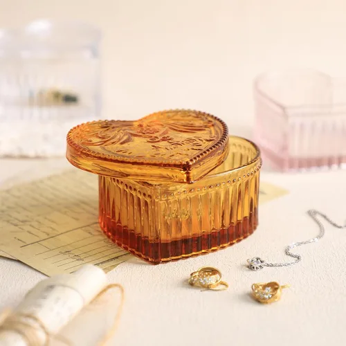 Miniatura 4 de Gaolinci Caja de almacenamiento de vidrio de cristal en forma de corazón con relieve Caja de joyería Caja de dulces con tapa - Ámbar