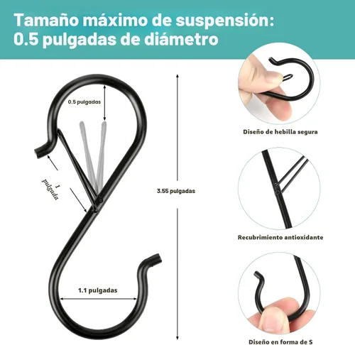 Miniatura 2 de 12 ganchos en S para colgar resistentes, gancho en S de metal resistente de 3.5 pulgadas con hebilla de seguridad, adecuado para varillas de 0.5