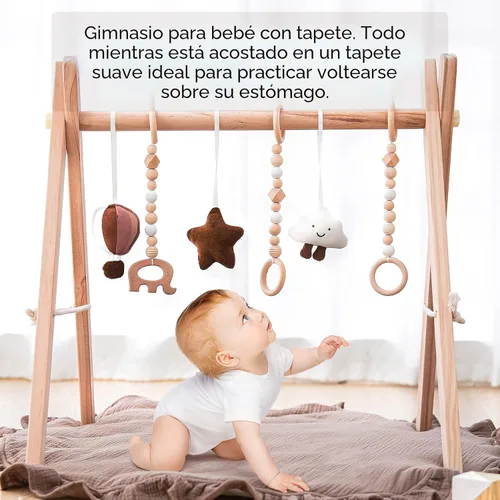 Miniatura 5 de Razee Alfombra de madera para jugar al gimnasio, gimnasio plegable para bebés con 6 juguetes sensoriales colgantes para regalo de despedida