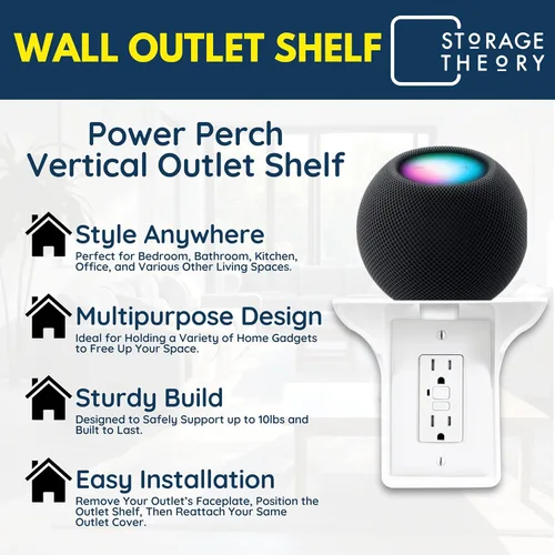 Miniatura 8 de BeraTek Power Perch - Estante de pared con almacenamiento de cable, estante de enchufe que ahorra espacio para dormitorio, baño, cocina, soporte