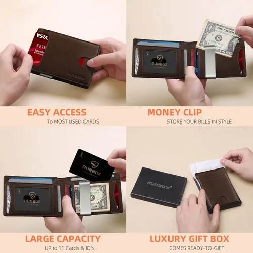 Miniatura 116 de RUNBOX - Carteras delgadas para hombre, cartera de piel con pinza para el dinero, cartera de bolsillo frontal con bloqueo RFID, tarjetero