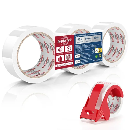 Miniatura 9 de Cinta de embalaje marrón de 2 pulgadas x 60 yardas, 3 rollos con dispensador - Cinta de sellado de paquetes resistente para envío, mudanza