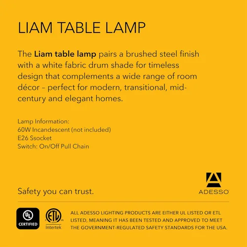 Miniatura 7 de Adesso Lámpara de mesa de acero cepillado con pantalla blanca, luz de acento moderna para dormitorio, sala de estar y decoración de la casa, 22