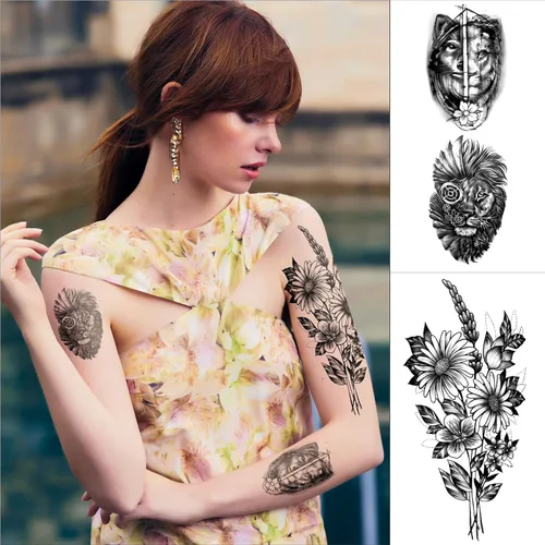Miniatura 4 de Tatuajes temporales de manga completa para hombres y mujeres, 46 hojas de tatuajes falsos para adultos, león realista, lobo, águila, ciervo, flor