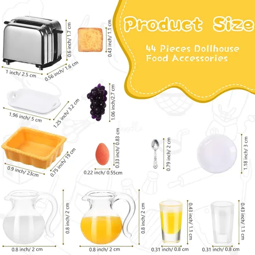 Miniatura 2 de 44 Piezas 1:12 Accesorios de Cocina en Miniatura para Casa de Muñecas, Desayuno, Mini Máquina de Tostar, Jugo, Leche, Huevos, Tazas, Frutas, Platos
