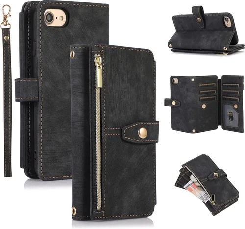 Miniatura 17 de UEEBAI Funda tipo cartera para iPhone SE 2022 5G/iPhone 7/iPhone 8/iPhone SE 2020, retro con 9 ranuras para tarjetas, bolsillo con cremallera, funda