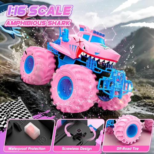 Miniatura 4 de Coche de control remoto de tiburón impermeable, autos RC anfibios 1:16 4WD todo terreno todoterreno Monster Trucks juguetes, camiones RC juguetes