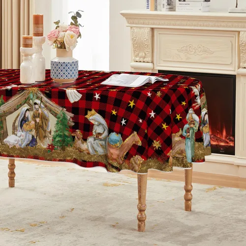 Miniatura 7 de Horaldaily Mantel de Navidad 52×70 Pulgadas, Santo Nacimiento Búfalo Rojo a Cuadros Cubierta de Mesa Lavable para Fiesta Pícnic Cena Decoración