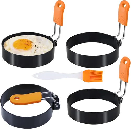 Juego de 4 anillos para huevos de 3.5 pulgadas con mango de silicona, anillo grande para freír huevos, molde redondo para magdalenas inglesas –