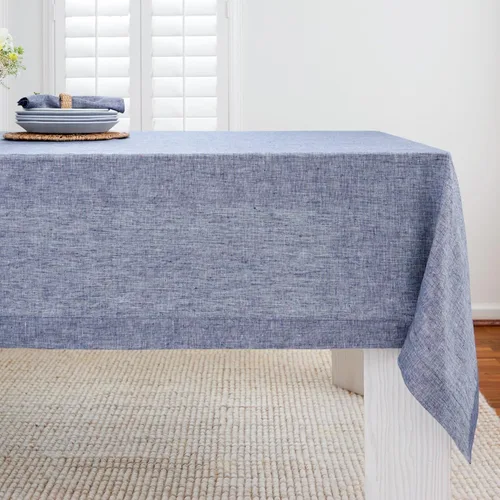 Solino Home - Mantel de mesa de lino 60 x 90 pulgadas - 100% lino puro cambray índigo para mesas rectangulares - Athena, mantel de mesa lavable a