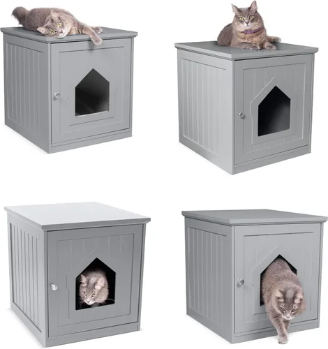 Miniatura 9 de BIRDROCK HOME Casa decorativa para gatos y mesa auxiliar Mesita de noche gris Caja de interior para mascotas Recinto para caja de arena Caja