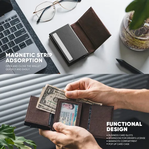 Miniatura 4 de VULKIT Cartera plegable de cuero con compartimento para billetes, ventana de identificación y moneda