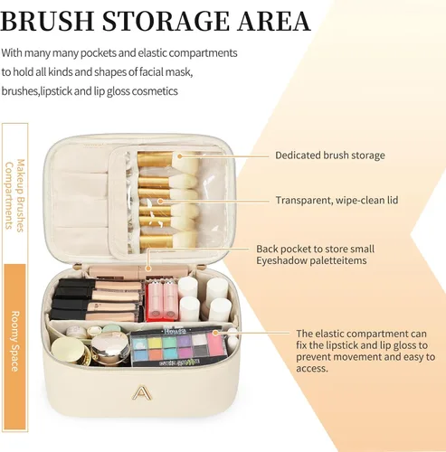 Miniatura 3 de OCHEAL Bolsa de maquillaje personalizada, bolsa de maquillaje beige para mujer, kit de aseo de viaje con monograma, organizador de cosméticos listo