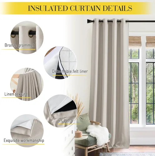 Miniatura 7 de NICETOWN Cortinas de Lino Sintético Angora con Barrera de Sonido que Aísla el Polvo, 100% Opacas, de 84 Pulgadas de Largo, 1 Panel, Cortinas
