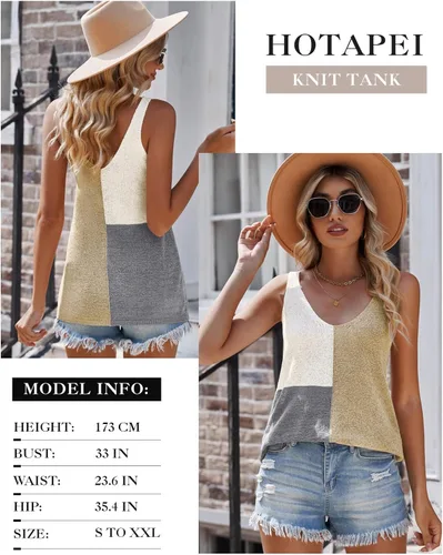 Miniatura 7 de HOTAPEI - Camisetas sin mangas con cuello en V, de punto, estilo casual, con bloques de color, a rayas, para mujer