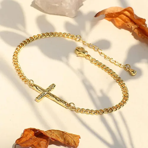 Miniatura 7 de Pulsera de cruz para mujer, chapada en oro de 18 quilates, pulsera de eslabones de cadena cubana, pulsera de oro para mujer, regalos de confirmación