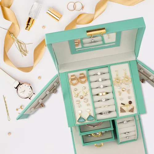 Miniatura 5 de Joyero multifunción con espejo 2 cajones y cerradura organizador de almacenamiento de piel sintética para pulseras aretes anillos collares relojes