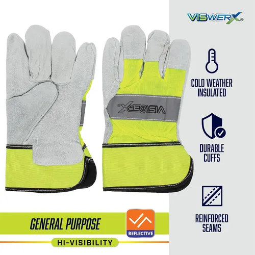 Miniatura 2 de Guante de palma de cuero dividido con forro de alta visibilidad, interior aislado y puño reforzado, guantes de trabajo resistentes, guantes